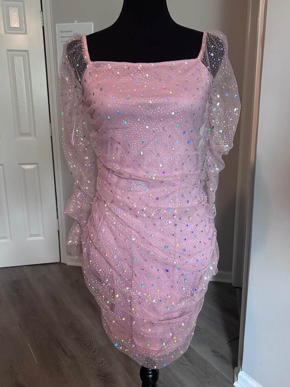 Double Crazy Pink Sequin Mesh Ruched Party Dress Size M Y2K Fairycore
